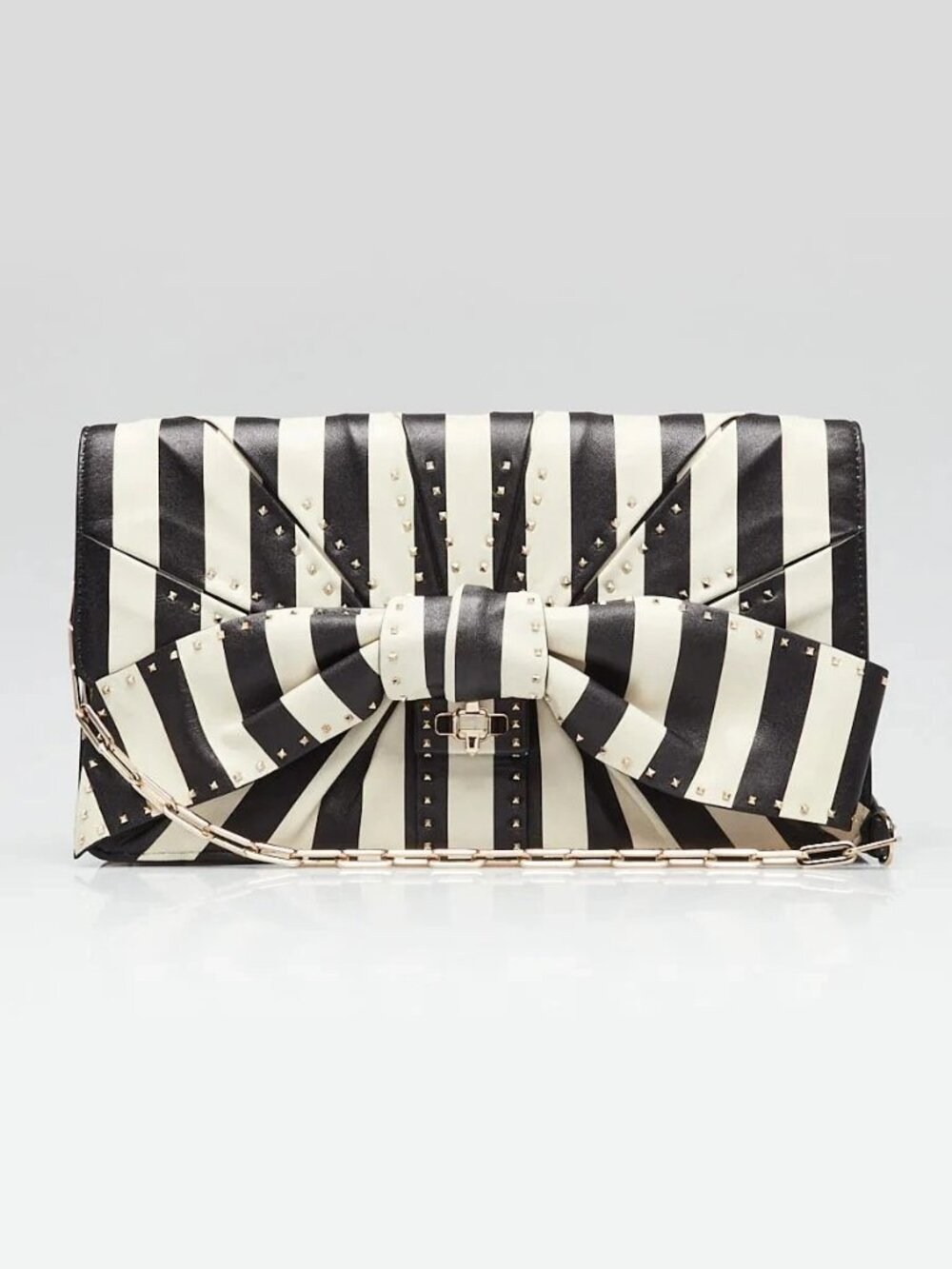 Valentino Black/White Striped Lambskin Leather Rockstud Bow Shoulder Bag